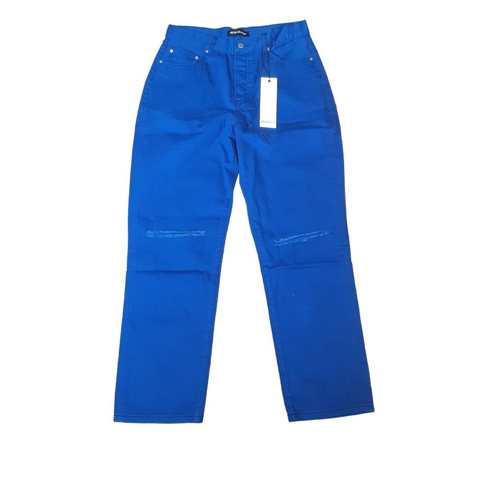 Neon Blonde Cara Royal Blue Straight Leg Distressed Buttonfly Jeans Women's 29
